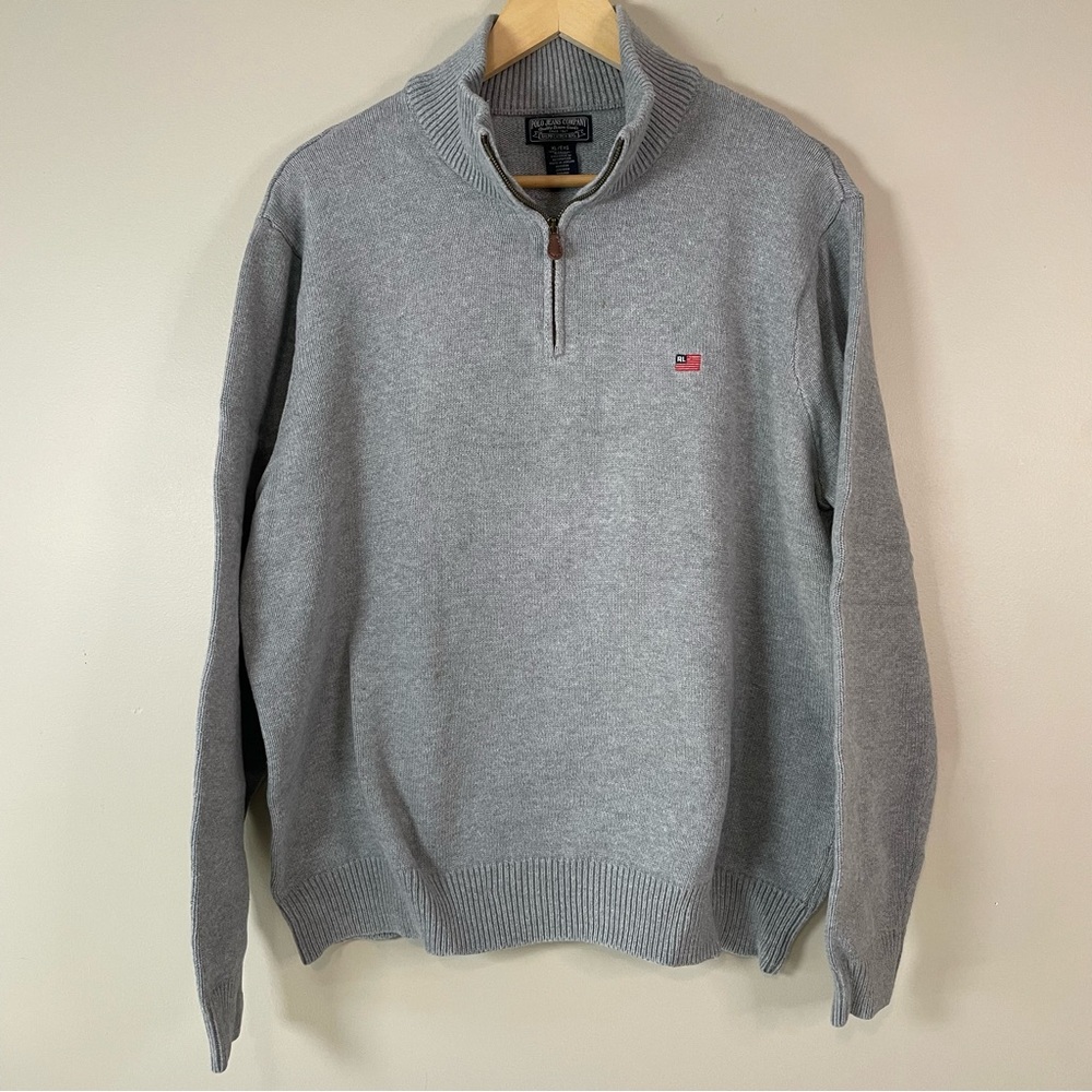 POLO JEANS CO Men’s XL Gray Cotton Knit 1/4‎ Zip Embroidered Preppy Sweater